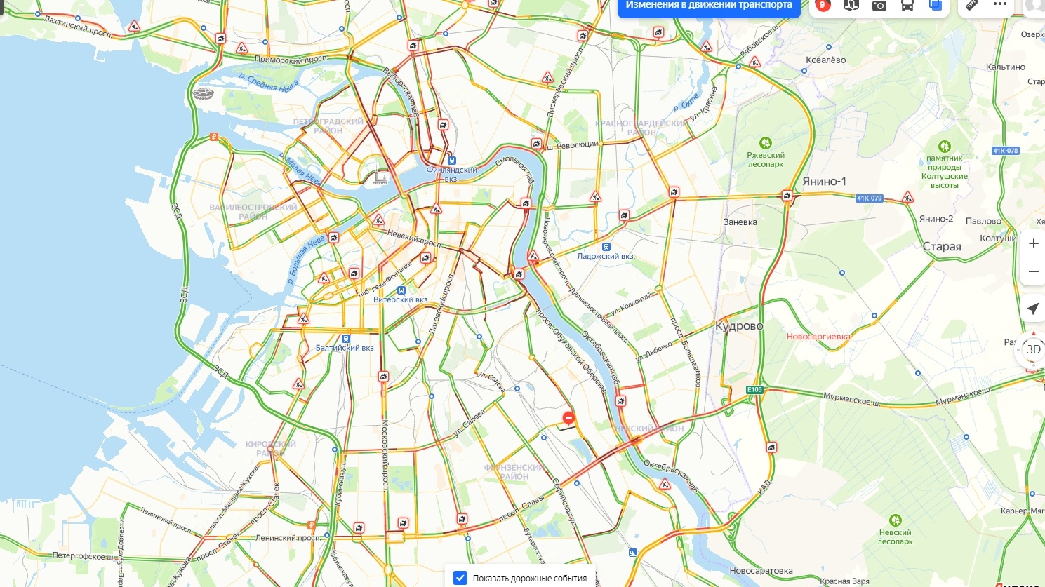 В последний рабочий день перед 8 марта движение машин в Петербурге почти остановилось
