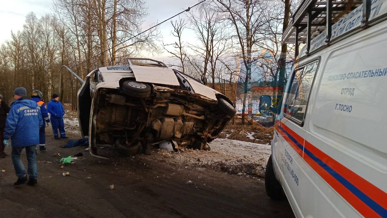 Есть погибший: спасатели вызолили людей из разбившегося под Петербургом микроавтобуса