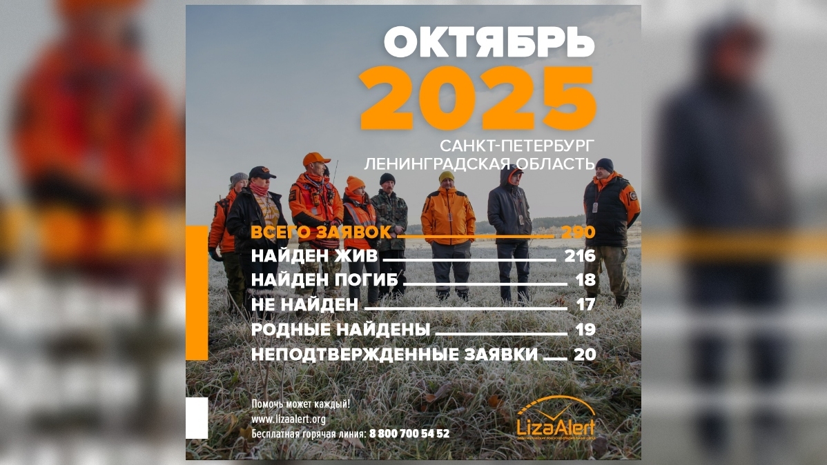 Добровольцы «ЛизаАлерт» нашли 18 погибших из 290 пропавших в октябре петербуржцев