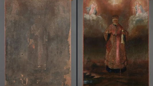 Под Петербургом реставраторы восстановили икону Николая Чудотворца XIX века: она была покрыта толстым слоем копоти