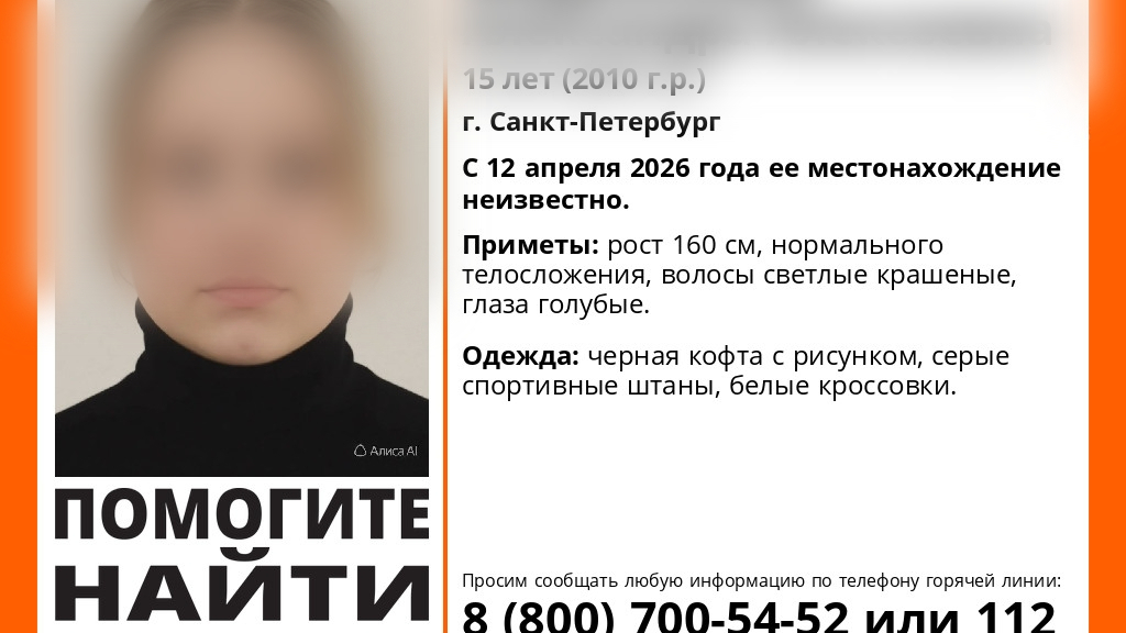 В Петербурге две недели не могут найти 15-летнюю школьницу