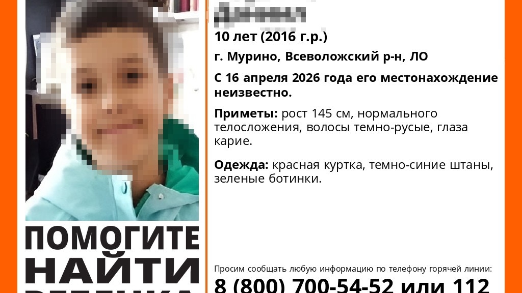В Мурино 10-летнего мальчика в красной куртке не могут найти с 16 апреля