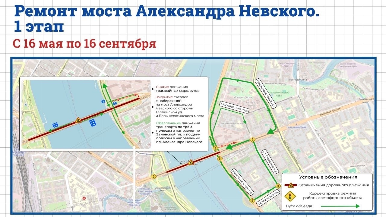 Трамваи перекроют на мосту Александра Невского в Петербурге до 16 сентября из-за ремонта